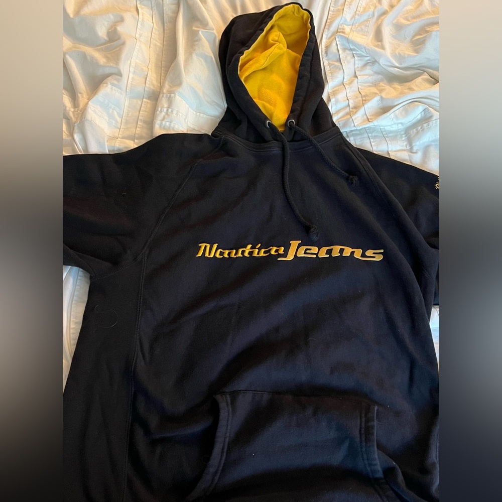 Vintage men’s XL Nautica Sweatshirt. Navy blue with yellow in hood